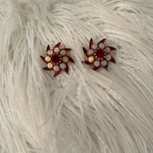 Red and Opal Floral Crystal Stud Earrings - Women Jewelry